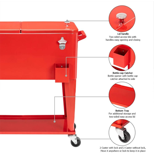 ZC188 - 80 Quart/75 L Portable Rolling Cooler Cart with Wheels and Bottom Tray - Image 2